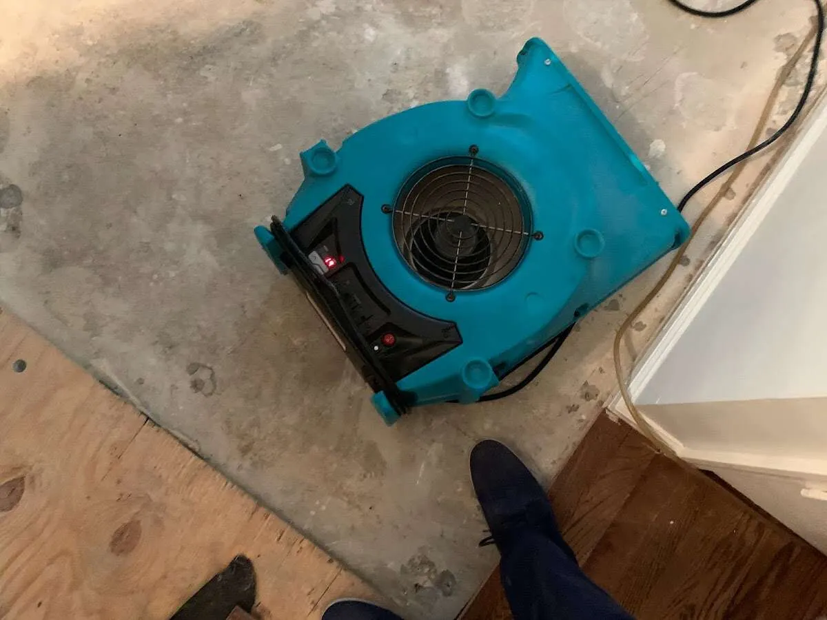Air mover drying subfloor during Leak Detection & Repair in Olivarez